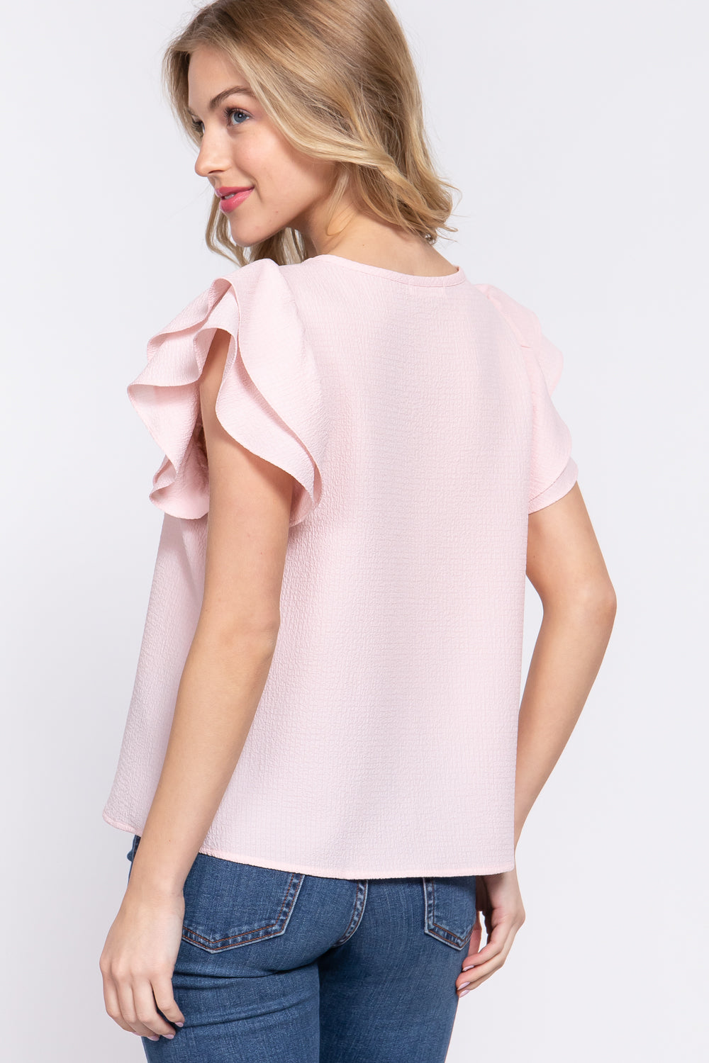 RUFFLE SLV EMBROIDERED YOKE TOP