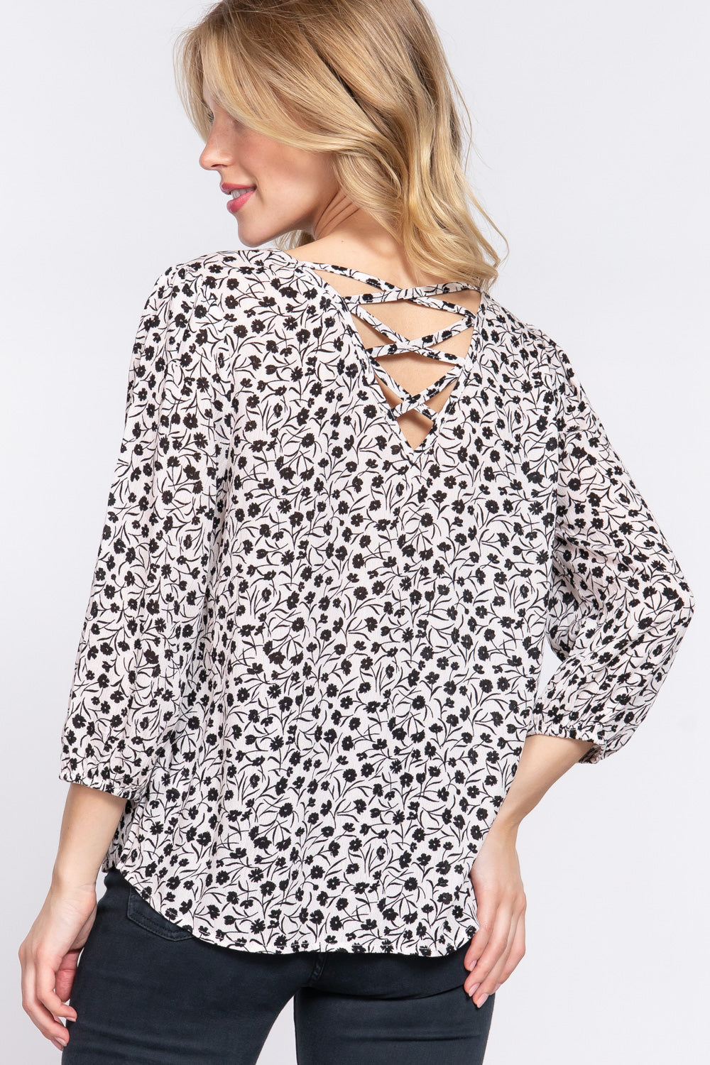 3/4 SLV BACK STRP PRINT BLOUSE