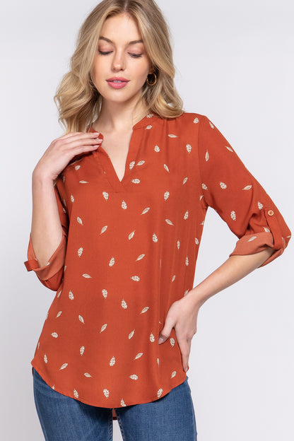 3/4 ROLL UP SLV V-NECK PRINT BLOUSE