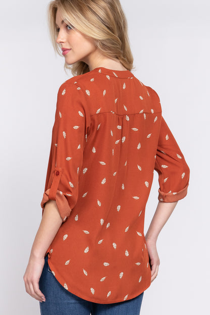 3/4 ROLL UP SLV V-NECK PRINT BLOUSE