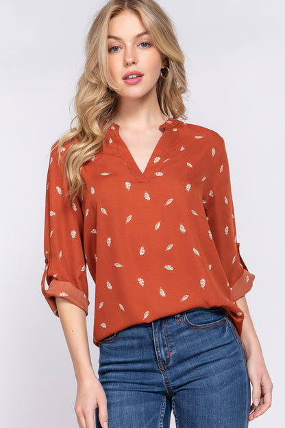 3/4 ROLL UP SLV V-NECK PRINT BLOUSE