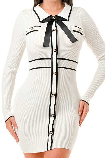 COLLARED RIB KNIT MINI DRESS WITH BOW TRIM