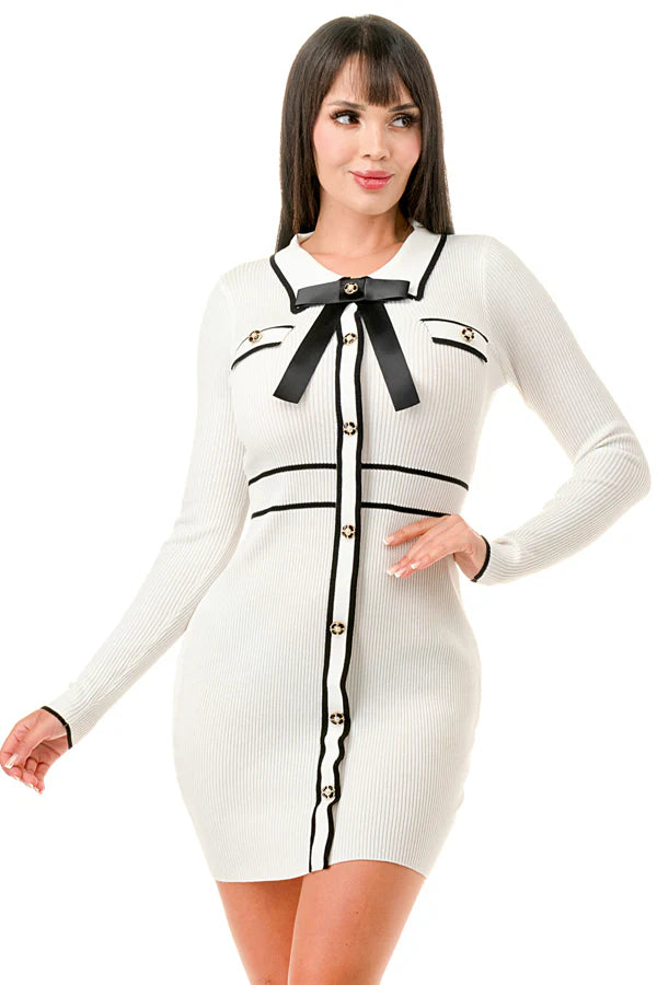 COLLARED RIB KNIT MINI DRESS WITH BOW TRIM