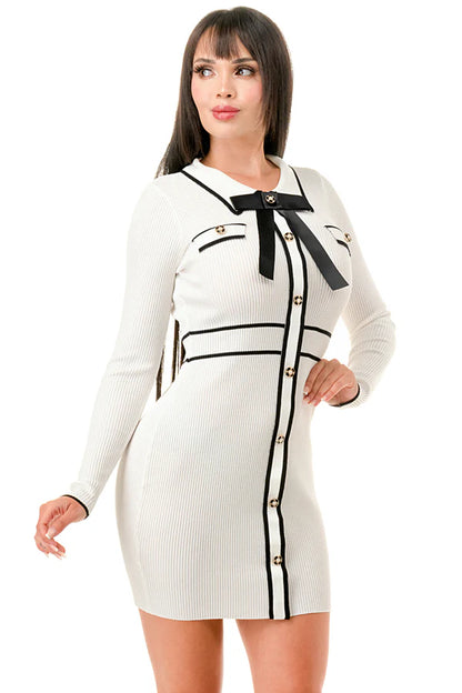 COLLARED RIB KNIT MINI DRESS WITH BOW TRIM