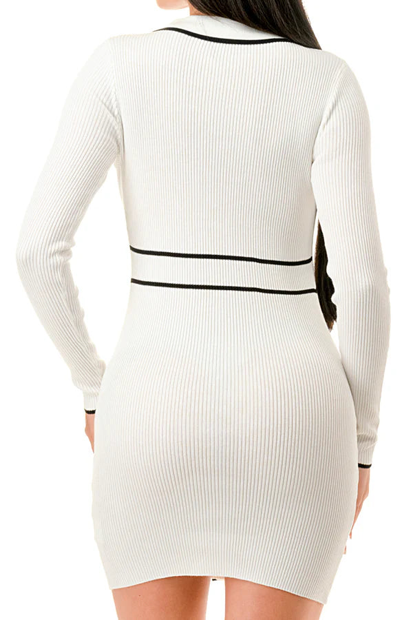 COLLARED RIB KNIT MINI DRESS WITH BOW TRIM