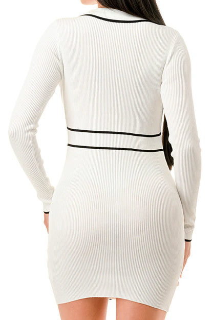 COLLARED RIB KNIT MINI DRESS WITH BOW TRIM