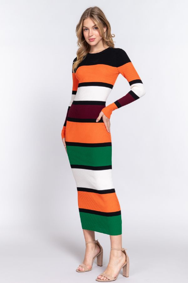 LONG SLV COLOR BLOCK LONG SWEATER DRESS