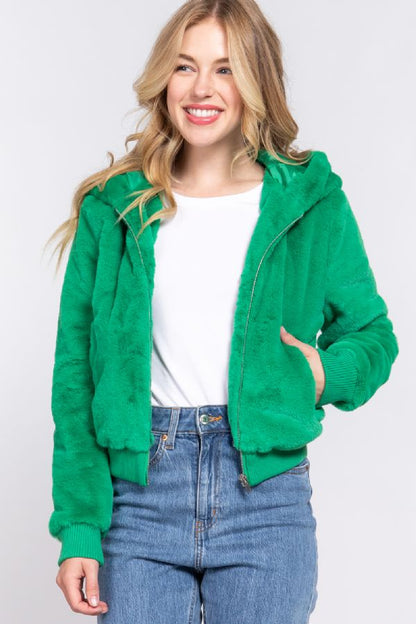 FAUX FUR ZIP UP HOODIE JACKET