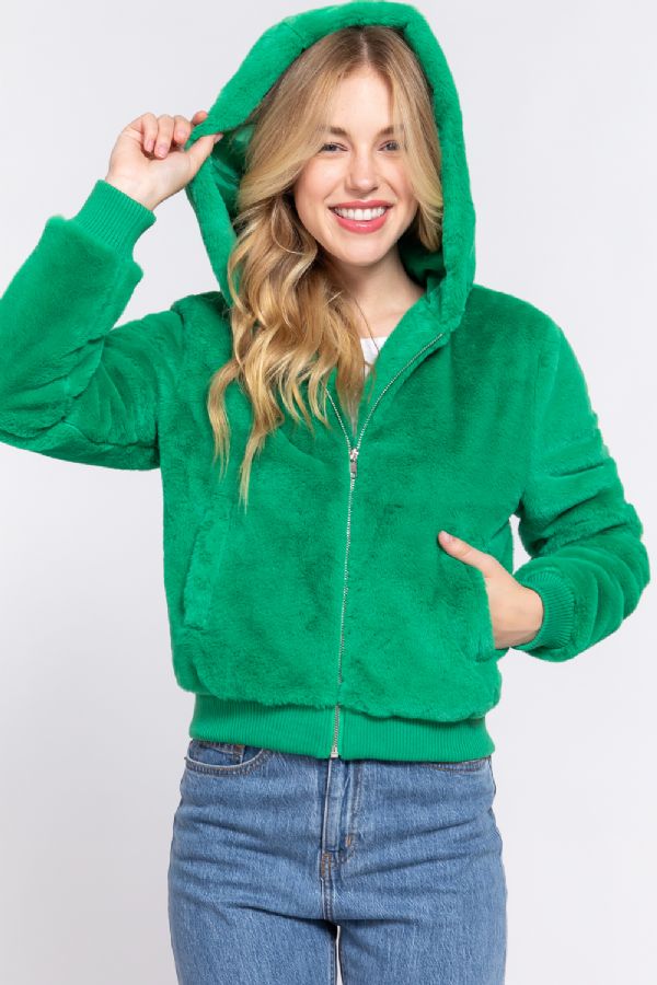 FAUX FUR ZIP UP HOODIE JACKET