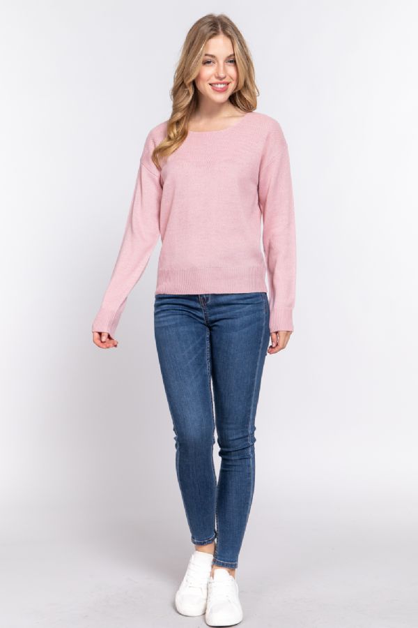 LONG SLV ROUND NECK WAFFLE DETAIL SWEATER