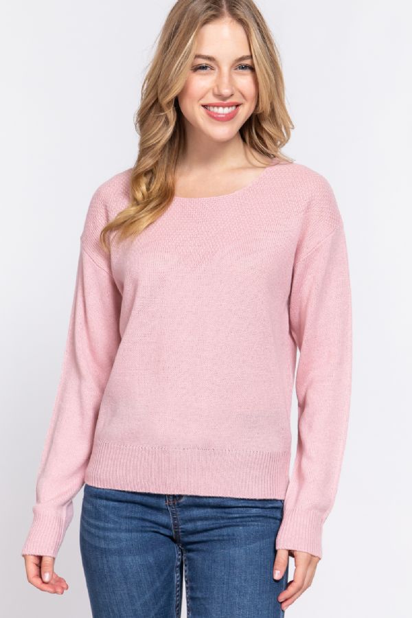 LONG SLV ROUND NECK WAFFLE DETAIL SWEATER