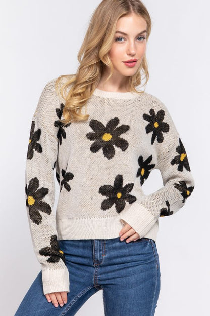 LONG SLV FLOWER PATTERN JACQUARD SWEATER