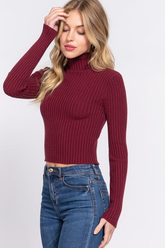 LONG SLV TURTLE NECK FITTED CROP RIB SWEATER