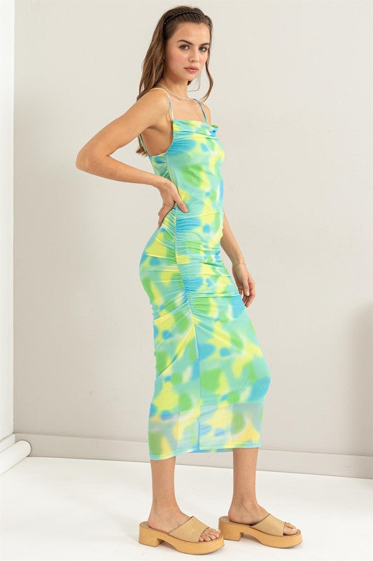 MESH TIE-DYE RUCHED DRESS