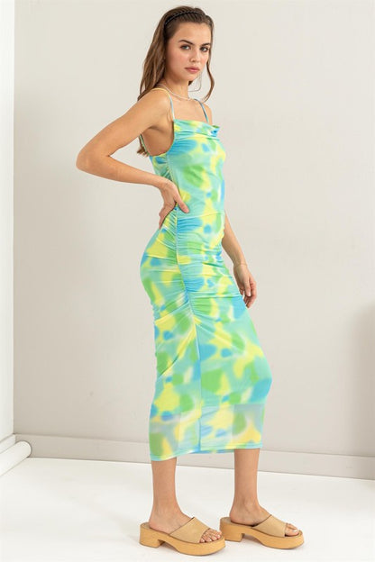 MESH TIE-DYE RUCHED DRESS