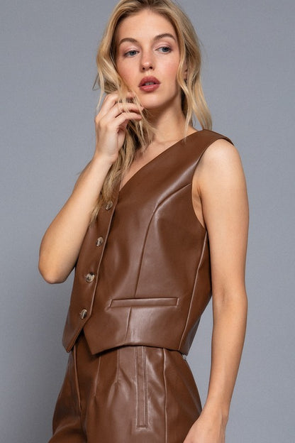 V NECK FAUX LEATHER VEST AND PANTS SET