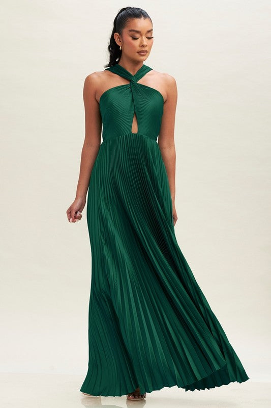 PLEATED CROSS OVER MAXI DRESS