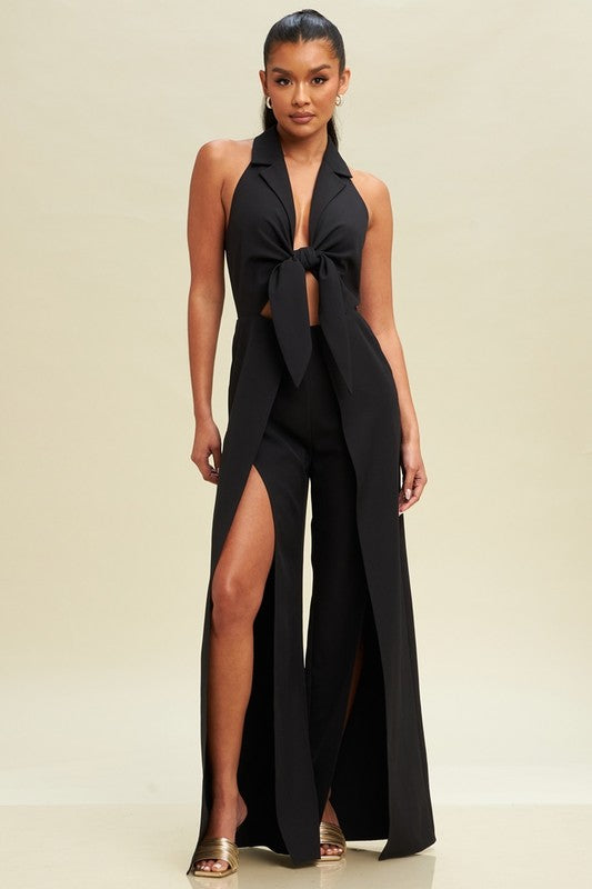 HALTER TIE FRONT SPLIT JUMPSUIT