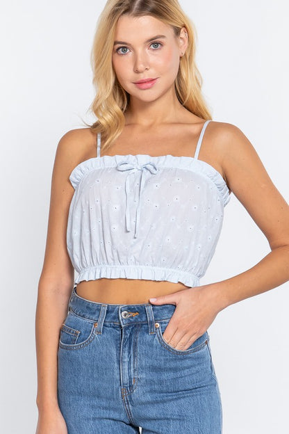 FRONT TIE DETAIL EYELET CROP CAMI WOVEN TOP