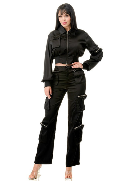 Rib Band Detailed Jacket and Cargo Pants Satin Set