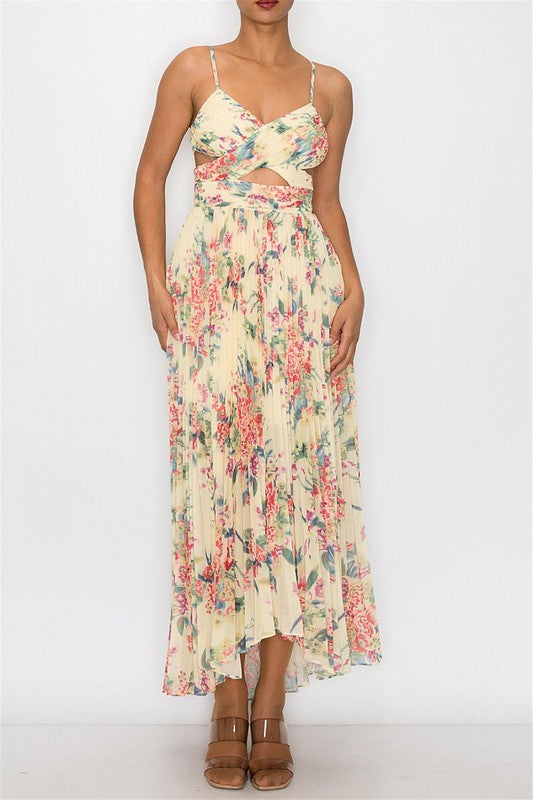 FLORAL PRINT SLEEVELESS PLEATED MAXI DRESSES