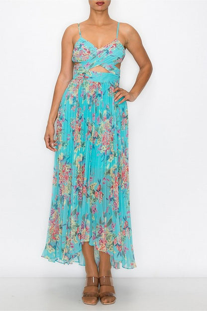 FLORAL PRINT SLEEVELESS PLEATED MAXI DRESSES