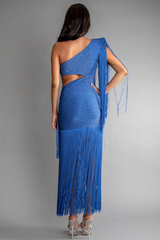 GLITTER KNIT ONE SHOULDER CUT OUT FRINGE DRESS