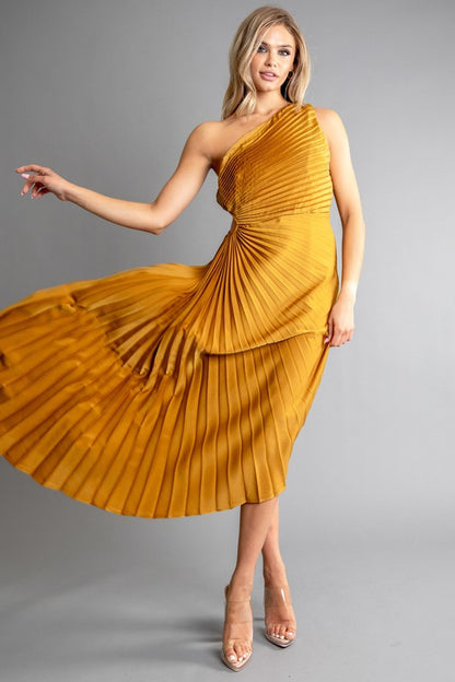 SOLID RUCHED PLEATED ONE SHOULDER HI LOW DRESS