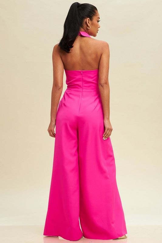 HALTER TIE FRONT SPLIT JUMPSUIT