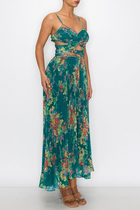 FLORAL PRINT SLEEVELESS PLEATED MAXI DRESSES