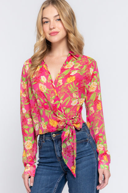 SURPLICE FLORAL PRINT CHIFFON BLOUSE