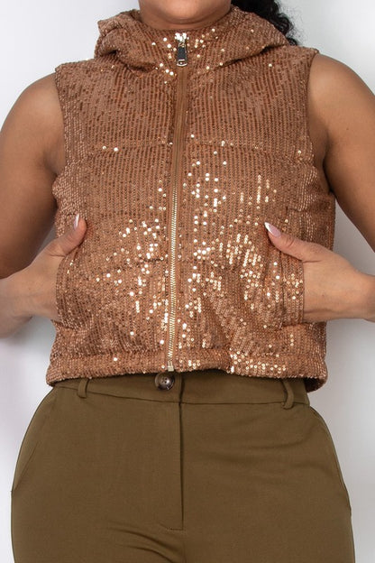 Sequin Hoodie Puffer Crop Vest