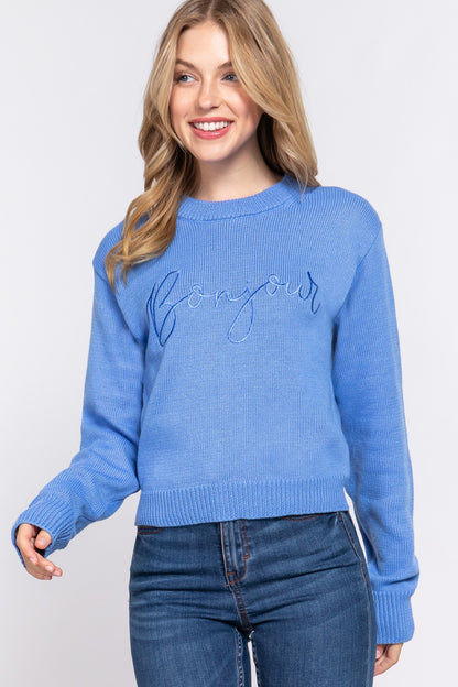 LONG SLEEVE CREW NECK EMBROIDERY SWEATER