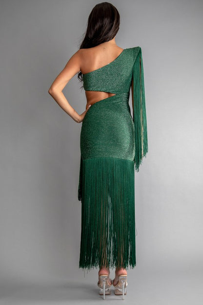 GLITTER KNIT ONE SHOULDER CUT OUT FRINGE DRESS