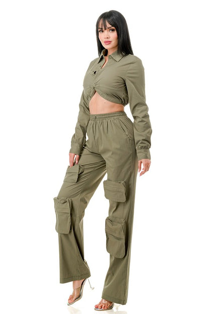 COLLARED BLOUSE WITH WOVEN CARGO PANTS SET