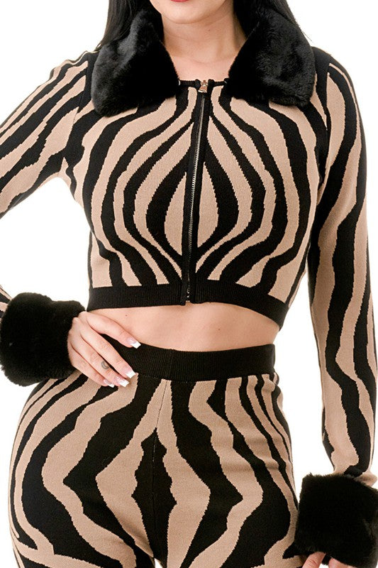 Zebra Print Top and Pants 2 Piece Knit Set