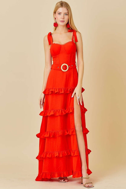 Summer Belt Ruffle Maxi Dress