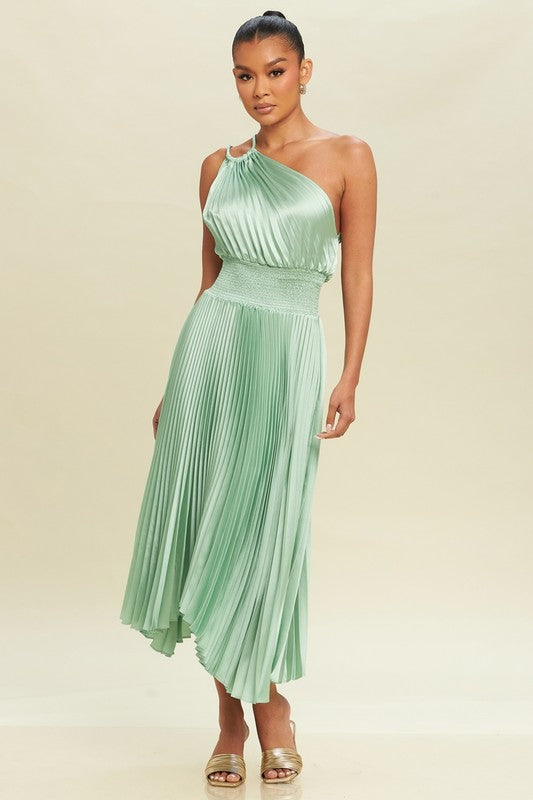 OFF SHOULDER PLEATED MIDI DRESS