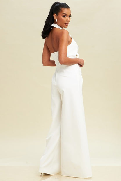 HALTER TIE FRONT SPLIT JUMPSUIT