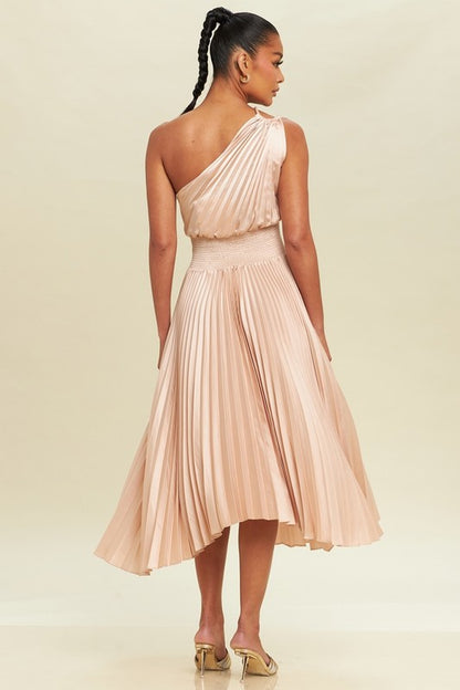 OFF SHOULDER PLEATED MIDI DRESS