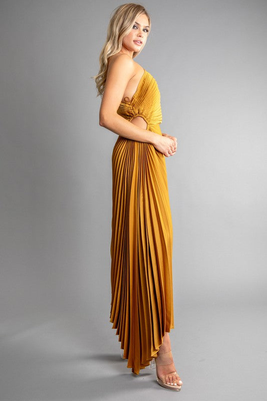 SOLID RUCHED PLEATED ONE SHOULDER HI LOW DRESS