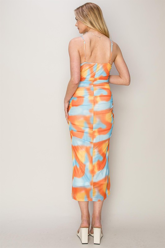 MESH TIE-DYE RUCHED DRESS