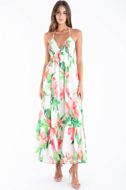 FLOWER PRINT HALTER NECK OPEN BACK TIE MIDI DRESS