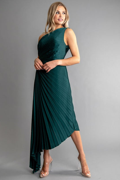 SOLID RUCHED PLEATED ONE SHOULDER HI LOW DRESS