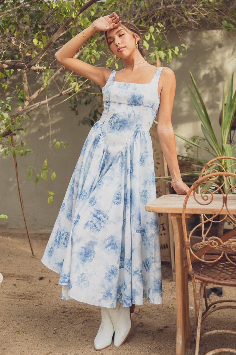 Print Back Ribbon Midi Dress