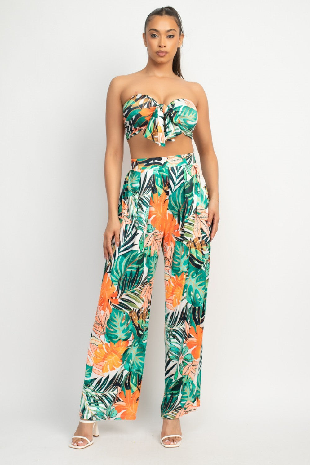 TROPICAL PRINTED KNOTTED TOP AND WIDE PANTS SET