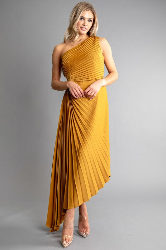 SOLID RUCHED PLEATED ONE SHOULDER HI LOW DRESS