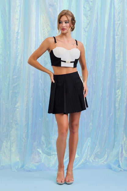 BANDAGE CROP TOP AND SKIRT SET WITH TRIMS