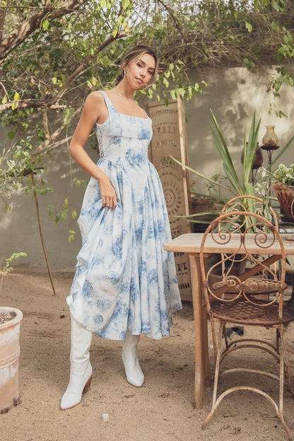 Print Back Ribbon Midi Dress