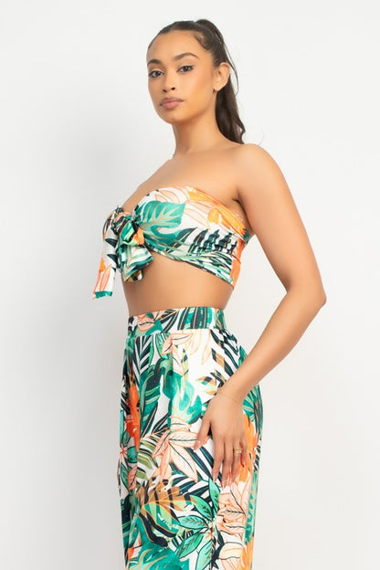 TROPICAL PRINTED KNOTTED TOP AND WIDE PANTS SET